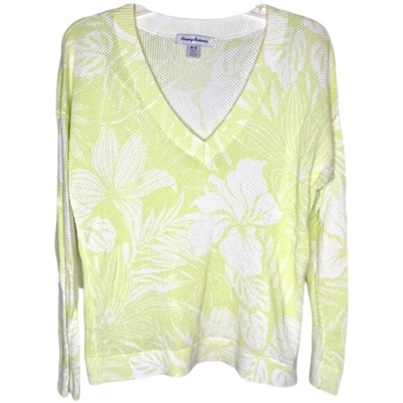 Tommy Bahama Sweaters - Tommy Bahama Mahana Open Weave Tropical/Floral Print V-Neck - Lime/White - L